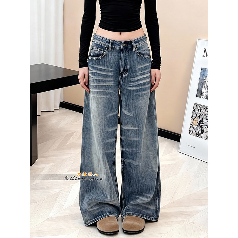美式复古水洗猫须阔腿牛仔裤女2026春季新款宽松低腰显瘦直筒裤子,女装/女士精品,大码裤装,淘宝优惠券,粉丝福利购,淘宝优惠卷
