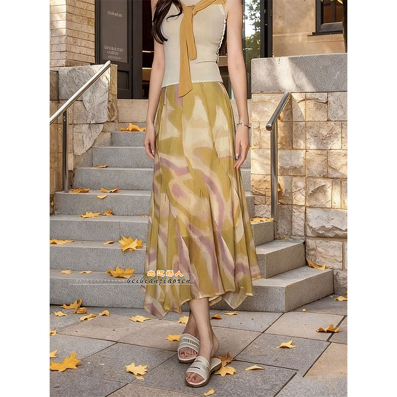 法式度假风印花半身裙女2026春夏新款文艺复古不规则大摆A字长裙