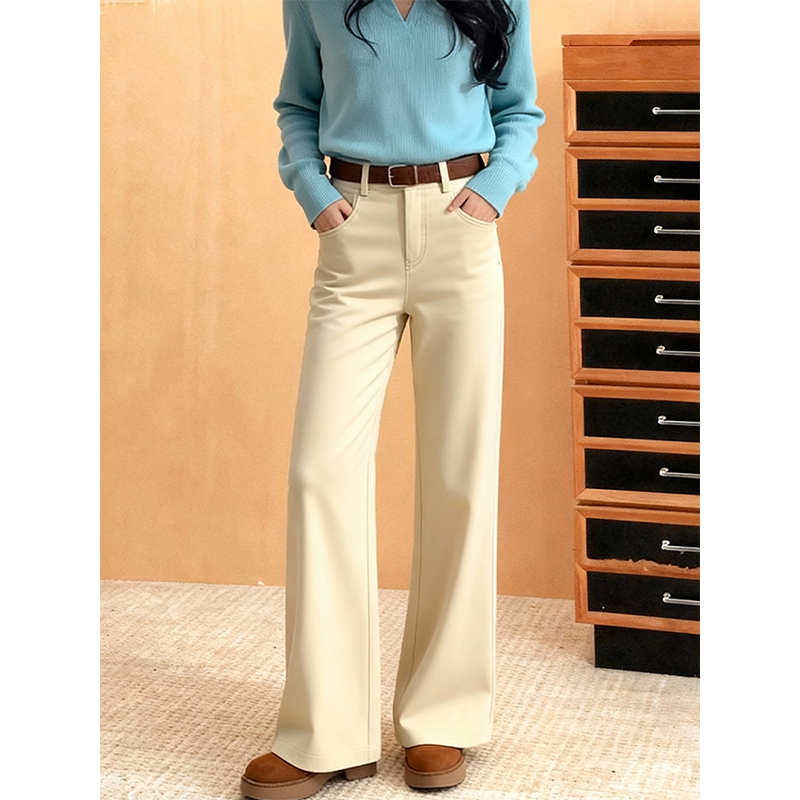 秋冬时尚极简风高腰阔腿裤女米色