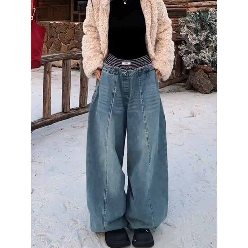 大码美式复古双腰头阔腿牛仔裤女