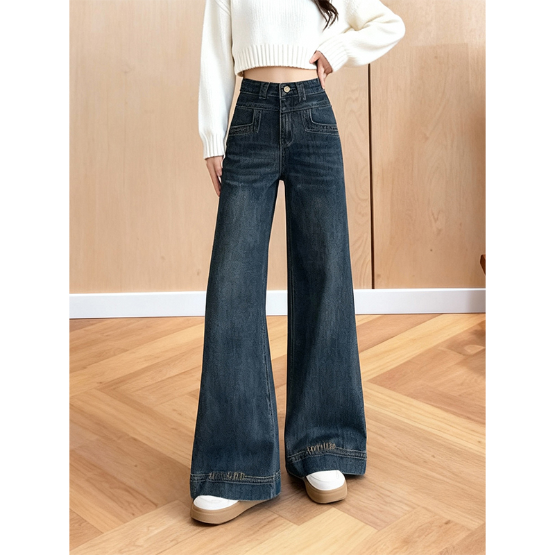 加绒加厚复古蓝港风微喇牛仔裤女