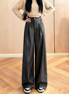 加绒加厚潮酷灰色PU皮裤女2025冬季新款洋气高腰宽松显瘦百搭裤子