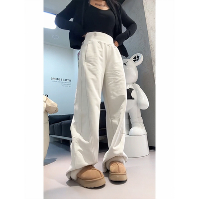 字母刺绣高腰双侧线卫裤女