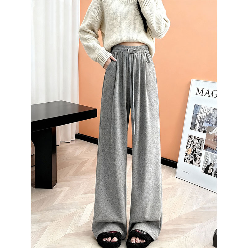 灰色阔腿裤女高腰抽绳宽松垂感