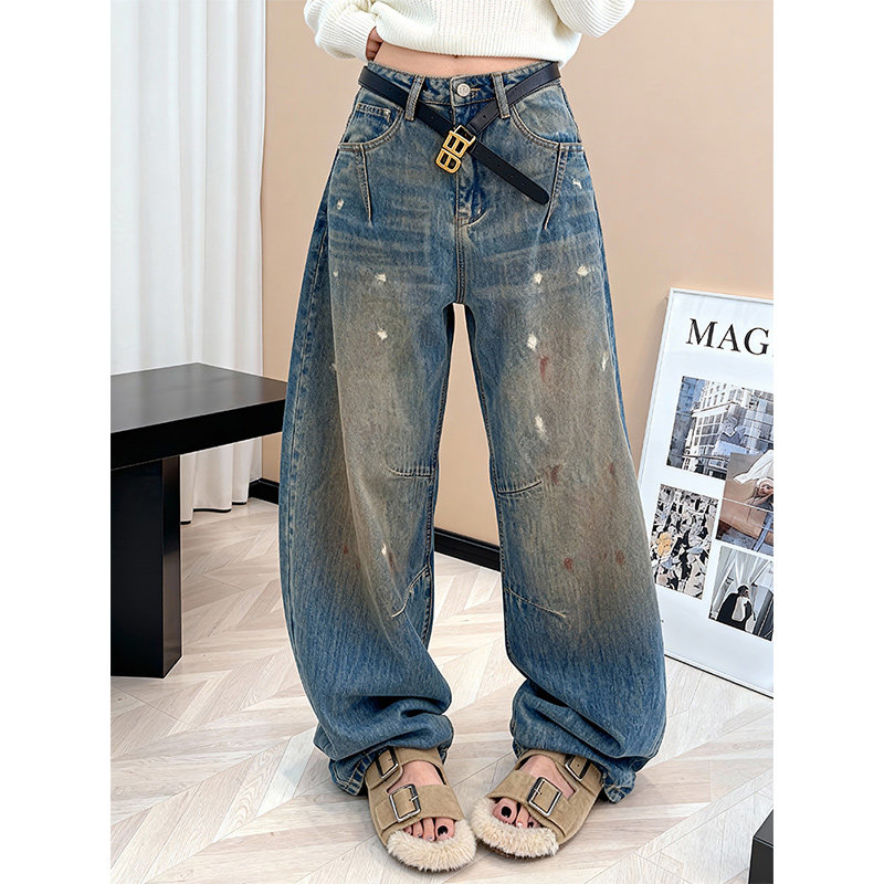 美式街头风设计感牛仔裤女2025冬季新款高腰宽松显瘦阔腿弯刀长裤,女装/女士精品,大码裤装,淘宝优惠券,粉丝福利购,淘宝优惠卷