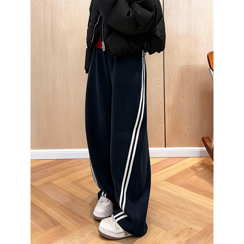 运动休闲风条纹阔腿裤宽松显瘦