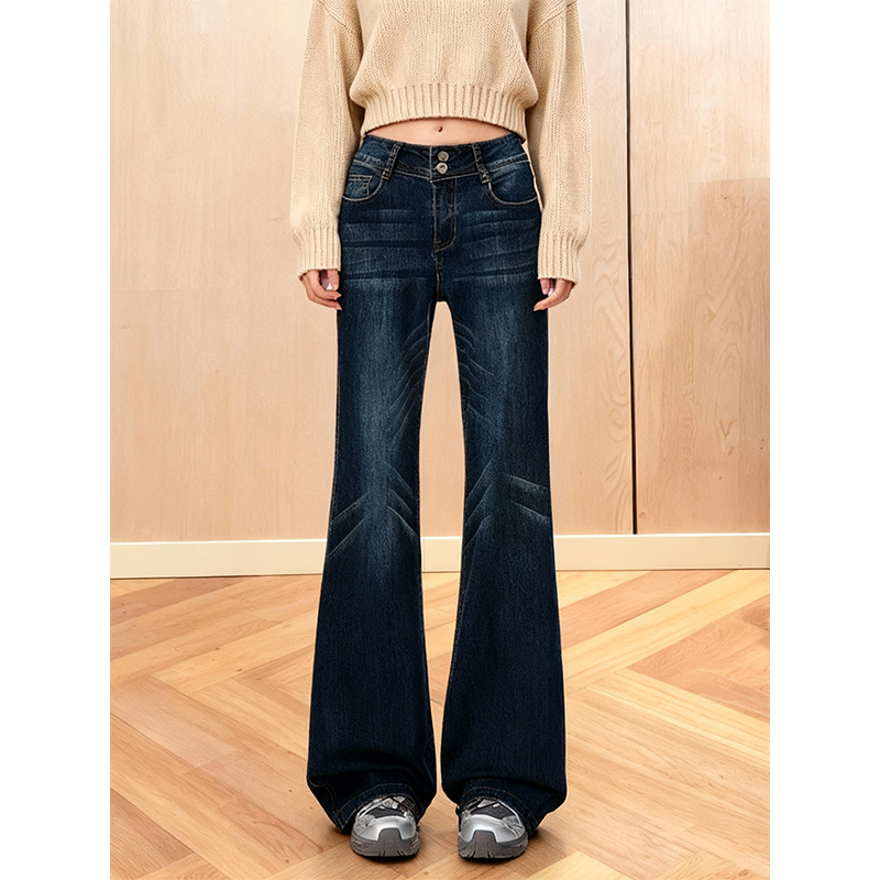 加绒加厚弹力深蓝色微喇牛仔裤女