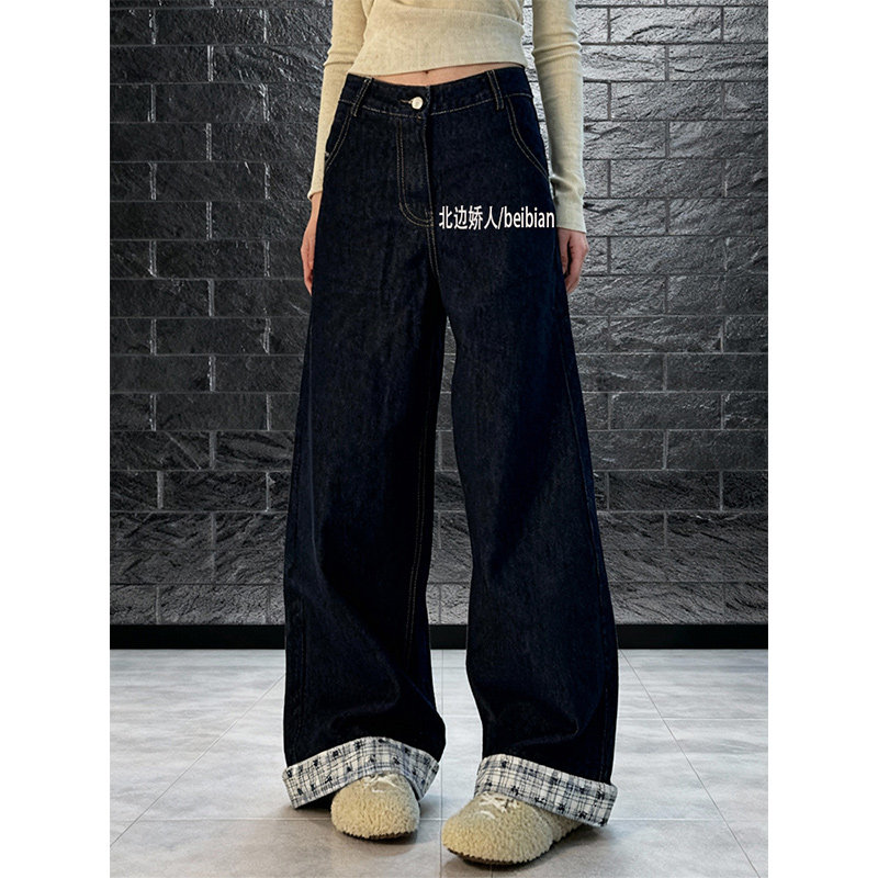 慵懒风格子拼接牛仔裤女2026春季新款高腰显瘦设计感直筒阔腿长裤,女装/女士精品,大码裤装,淘宝优惠券,粉丝福利购,淘宝优惠卷