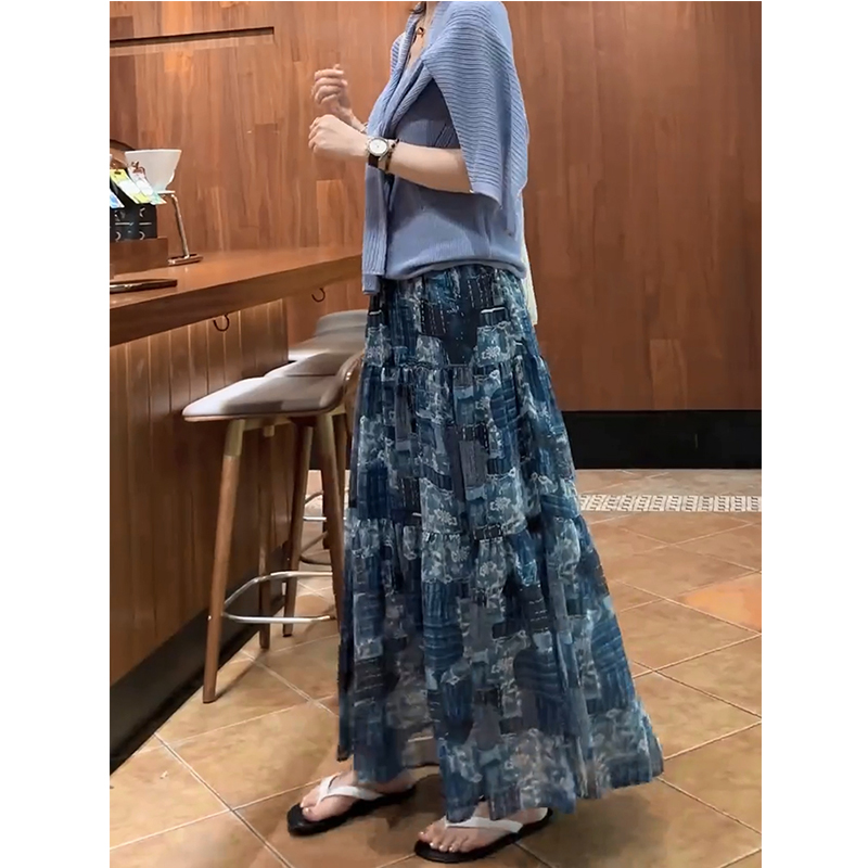 晕染复古蓝半身裙女2025新款