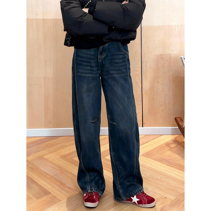 大码美式复古加绒加厚弯刀牛仔裤