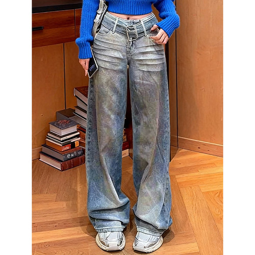 加绒做旧废土风宽腰带阔腿牛仔裤
