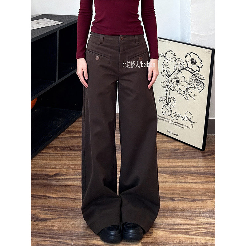美式复古咖色高腰阔腿裤女2026春季新款宽松垂感显瘦设计感弯刀裤,女装/女士精品,大码裤装,淘宝优惠券,粉丝福利购,淘宝优惠卷