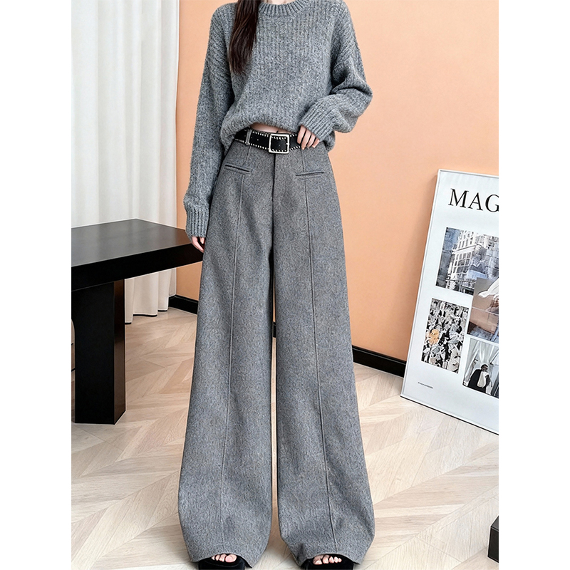 灰色毛呢宽松显瘦高级感垂感裤子