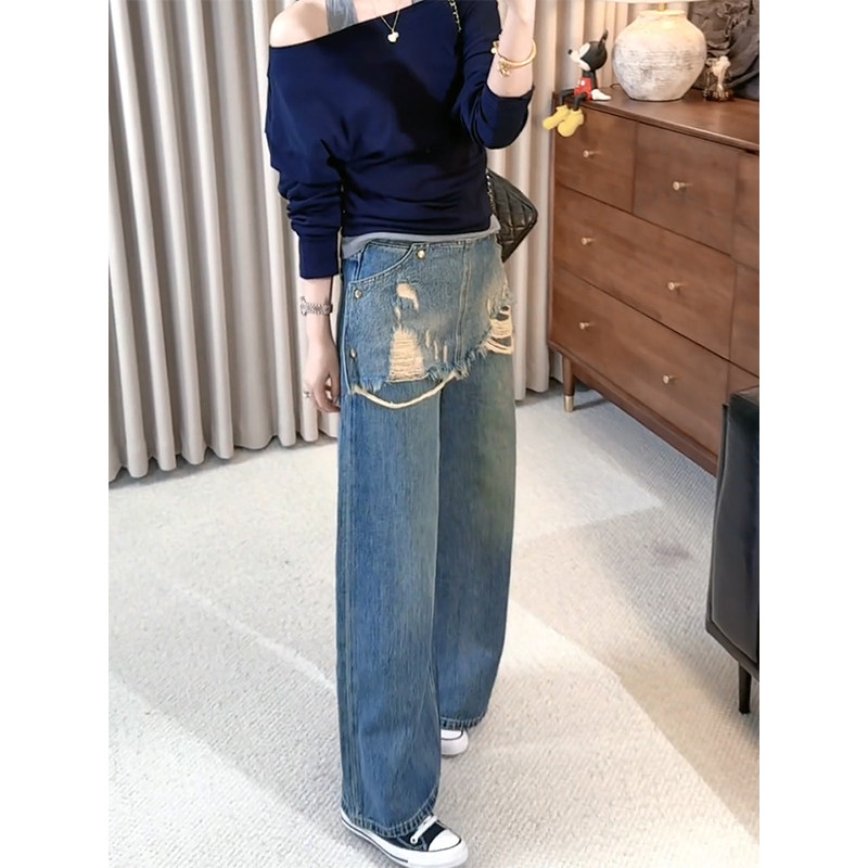 美式高街破洞直筒牛仔裤女2025秋冬新款设计感显瘦百搭毛边阔腿裤,女装/女士精品,大码裤装,淘宝优惠券,粉丝福利购,淘宝优惠卷