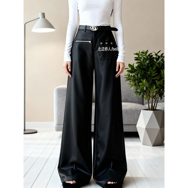 高街美式皮裤阔腿裤女2026春季新款高腰宽松显瘦时尚酷飒直筒长裤,女装/女士精品,大码裤装,淘宝优惠券,粉丝福利购,淘宝优惠卷