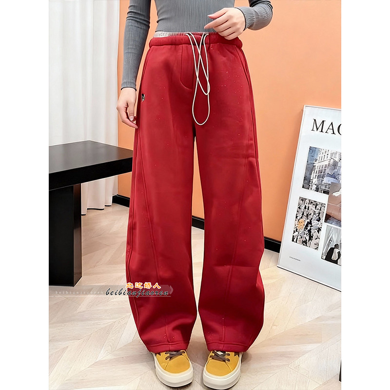 大码慵懒风宽松显瘦抽绳阔腿裤女2026春季新款时尚红色弯刀休闲裤,女装/女士精品,大码裤装,淘宝优惠券,粉丝福利购,淘宝优惠卷