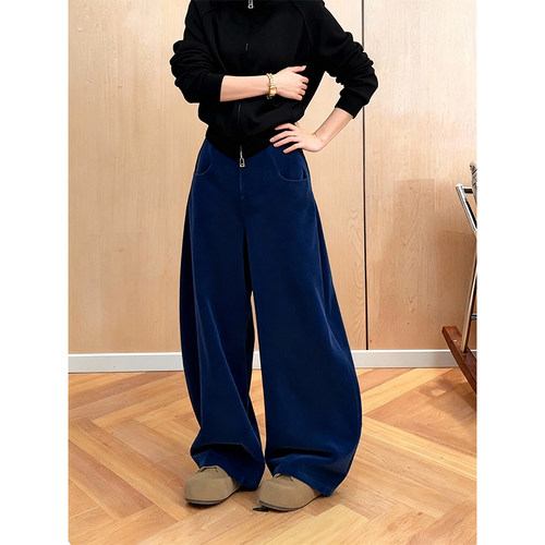 加绒加厚蓝色灯芯绒弯刀休闲裤女