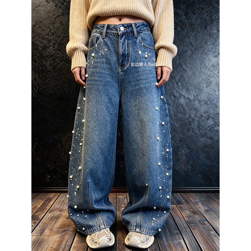 加绒加厚珍珠装饰阔腿牛仔裤女2026冬季新款高腰宽松显瘦弯刀长裤,女装/女士精品,大码裤装,淘宝优惠券,粉丝福利购,淘宝优惠卷