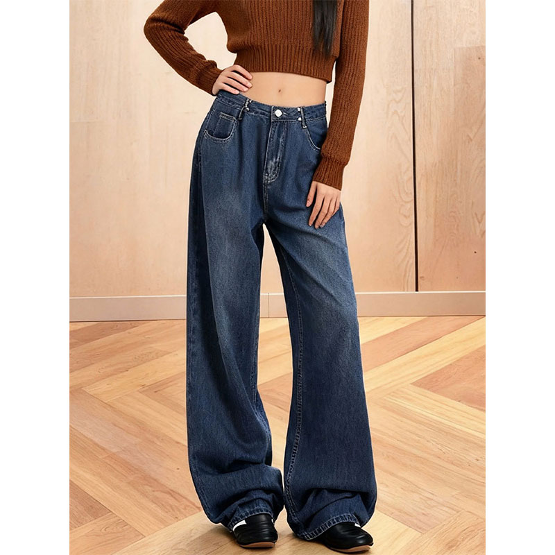 复古蓝阔腿牛仔裤女高腰直筒裤