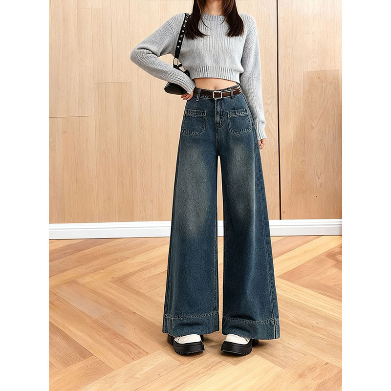 复古高腰阔腿牛仔裤女宽松显瘦