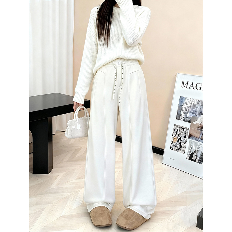 秋冬白色高腰阔腿裤女宽松显瘦