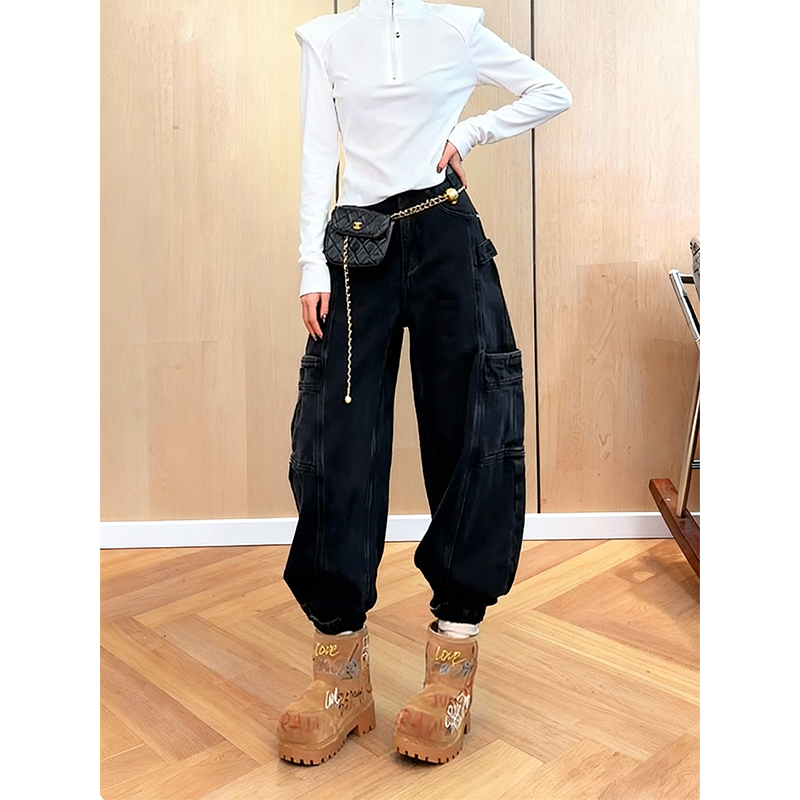 加绒加厚工装设计牛仔裤女复古