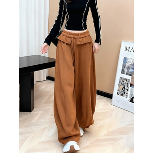 驼色宽松长裤 加绒加厚2025秋冬复古高腰阔腿裤 显瘦垂感休闲弯刀裤