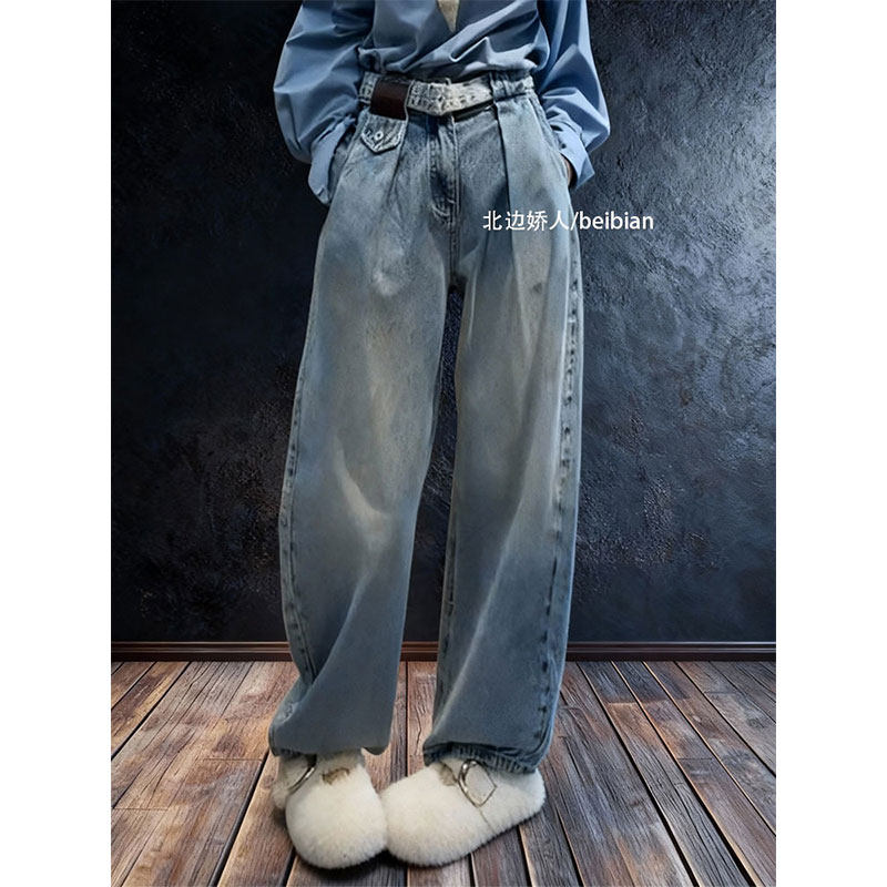 设计感高腰压褶阔腿牛仔裤女2026早春梨形身材遮肉显瘦百搭休闲裤,女装/女士精品,大码裤装,淘宝优惠券,粉丝福利购,淘宝优惠卷