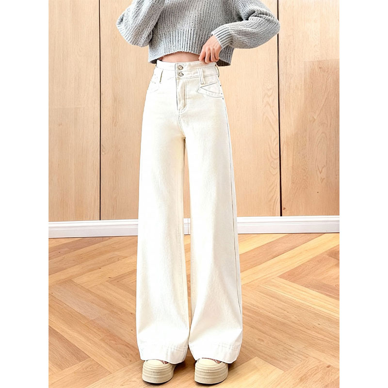 白色高腰阔腿牛仔裤女宽松显瘦