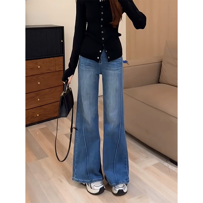加绒复古独特鱼骨微喇牛仔裤女