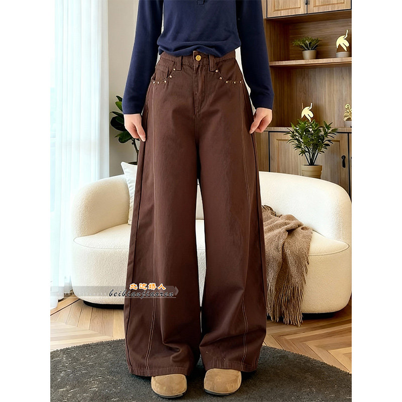 复古设计感高腰弯刀牛仔裤女2026春季新款宽松柳钉口袋休闲阔腿裤,女装/女士精品,大码裤装,淘宝优惠券,粉丝福利购,淘宝优惠卷