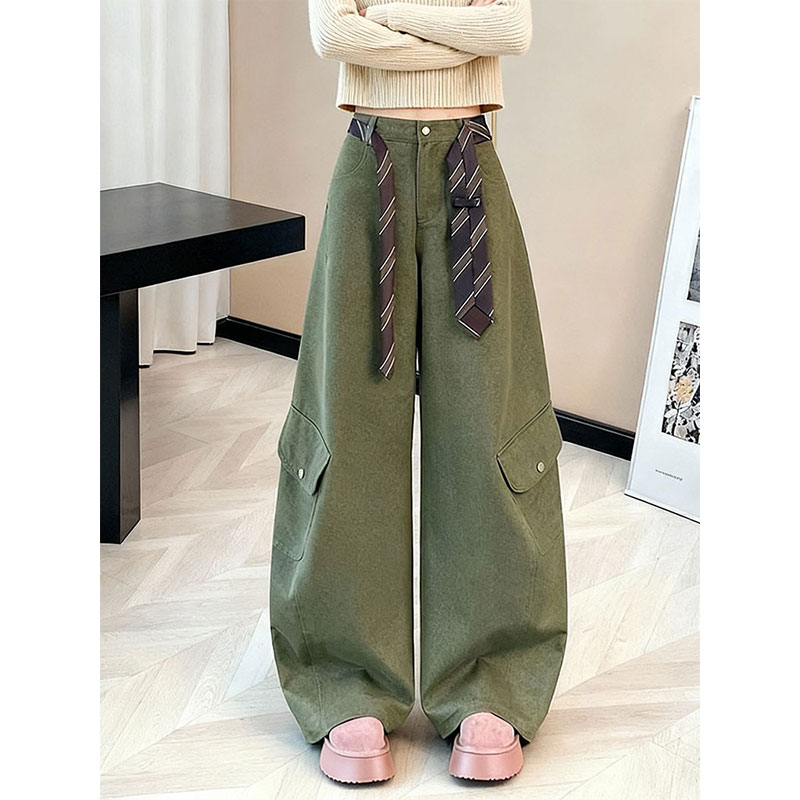 军绿色工装风阔腿裤女宽松遮肉