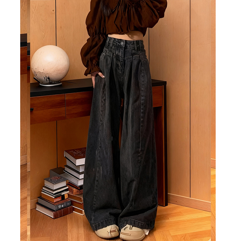 大码复古黑灰色高腰阔腿牛仔裤女