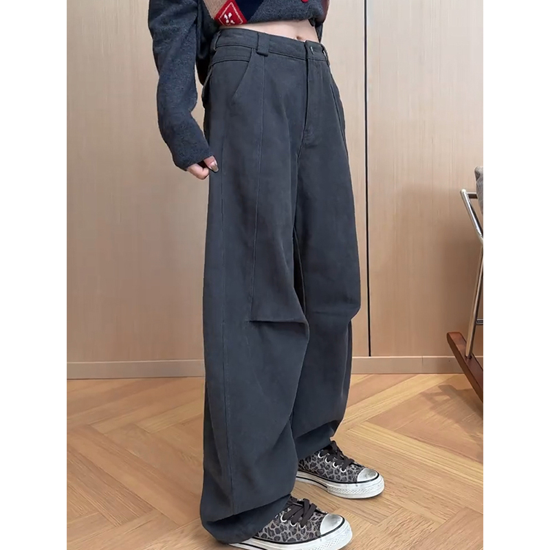 美式工装风褶皱窄版阔腿牛仔裤女