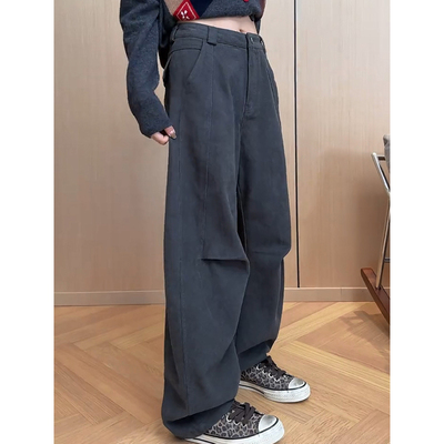 美式工装风褶皱窄版阔腿牛仔裤女