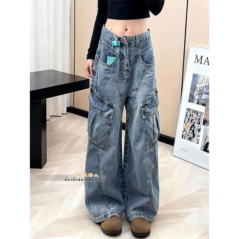 美式复古多口袋工装阔腿牛仔裤女2026早春设计感宽松显瘦拖地长裤,女装/女士精品,大码裤装,淘宝优惠券,粉丝福利购,淘宝优惠卷