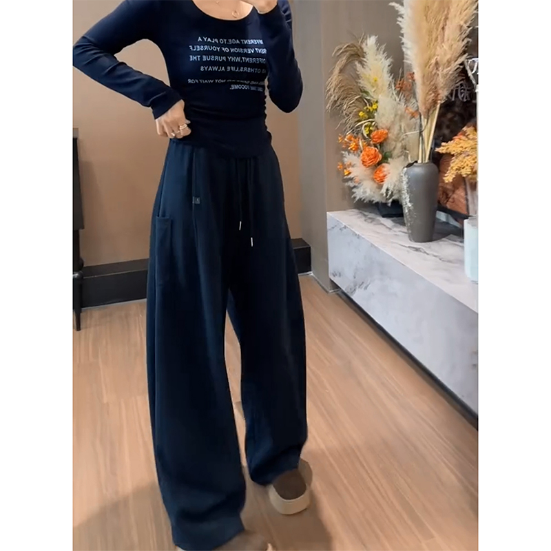 藏蓝色弯刀休闲裤女简约潮流风