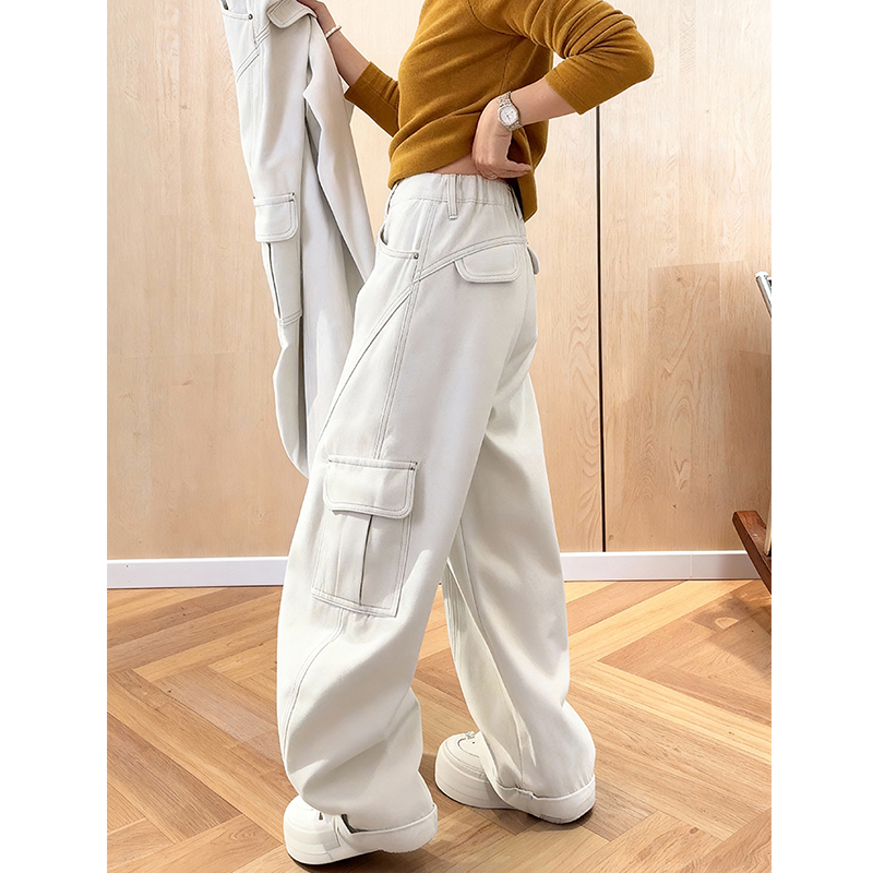 美式工装风加绒加厚阔腿牛仔裤女