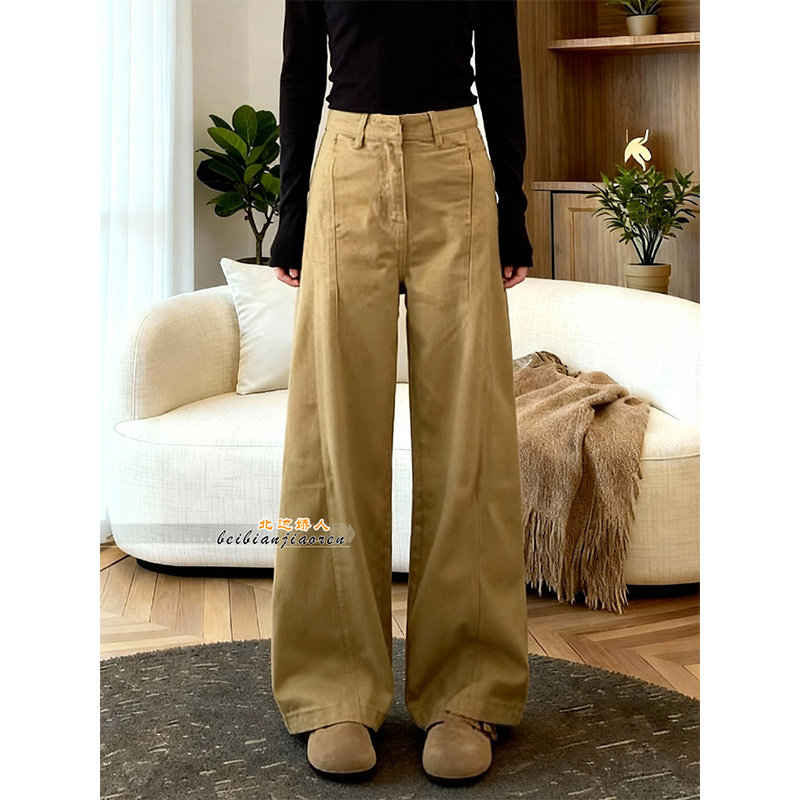 卡其色高腰弯刀阔腿牛仔裤女2026春季新款宽松显瘦设计感直筒长裤,女装/女士精品,大码裤装,淘宝优惠券,粉丝福利购,淘宝优惠卷