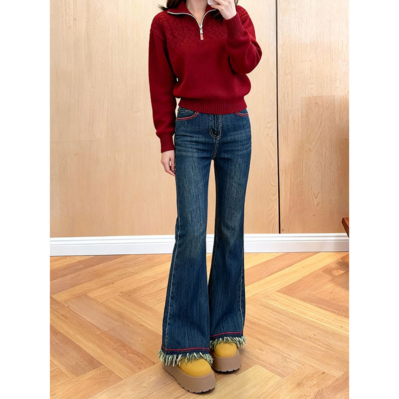 复古微喇牛仔裤女蓝色显瘦弹力