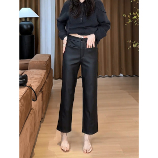 裤 女小众高级感百搭显瘦法棍时尚 子 黑色微喇九分皮裤 2025秋冬新款