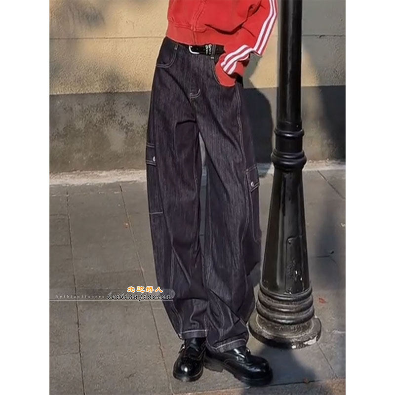 美式深蓝色工装风多口袋牛仔裤女2026早春大码宽松显瘦百搭阔腿裤,女装/女士精品,大码裤装,淘宝优惠券,粉丝福利购,淘宝优惠卷