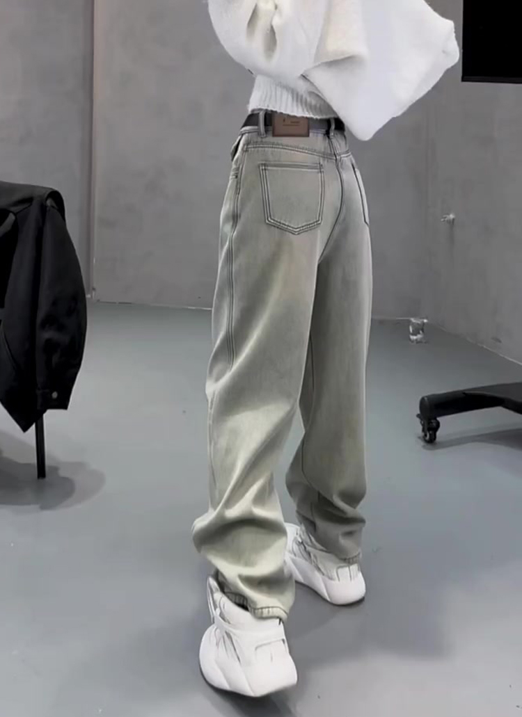 北边娇人水洗怀旧复古阔腿牛仔裤