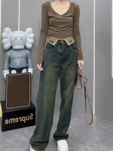 北边娇人高腰复古怀旧直筒牛仔裤