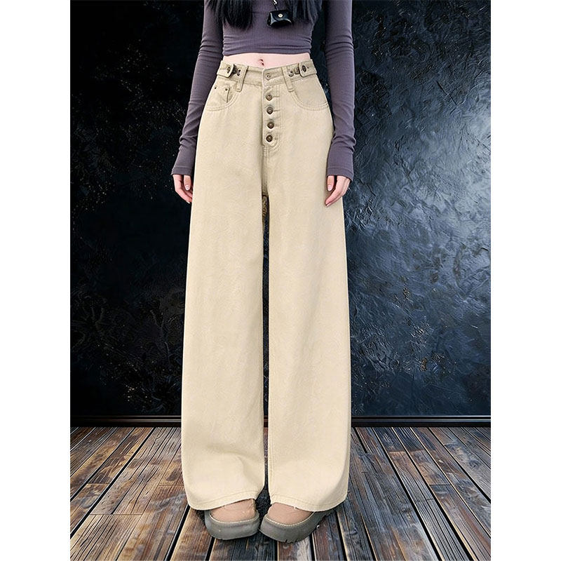复古高腰排扣弯刀牛仔裤女2025冬