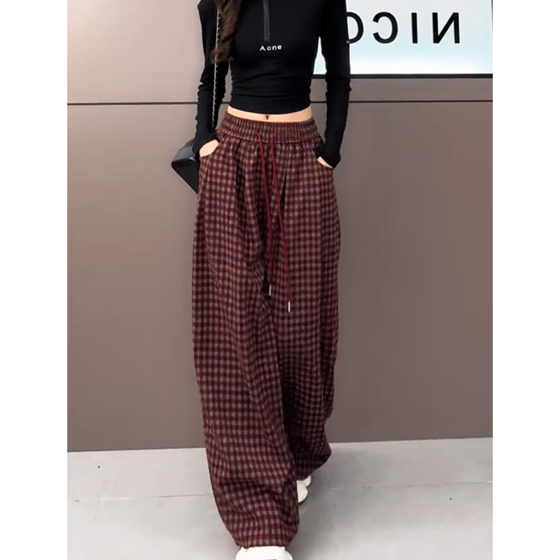 复古撞色格纹抽绳阔腿裤女2025秋