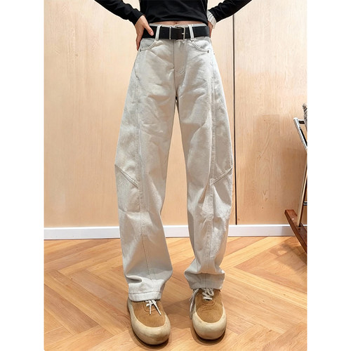 加绒加厚弯刀米色牛仔裤女2025冬