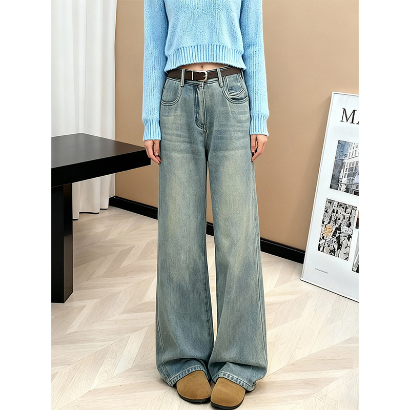 高腰显瘦宽松直筒拖地裤浅蓝色女