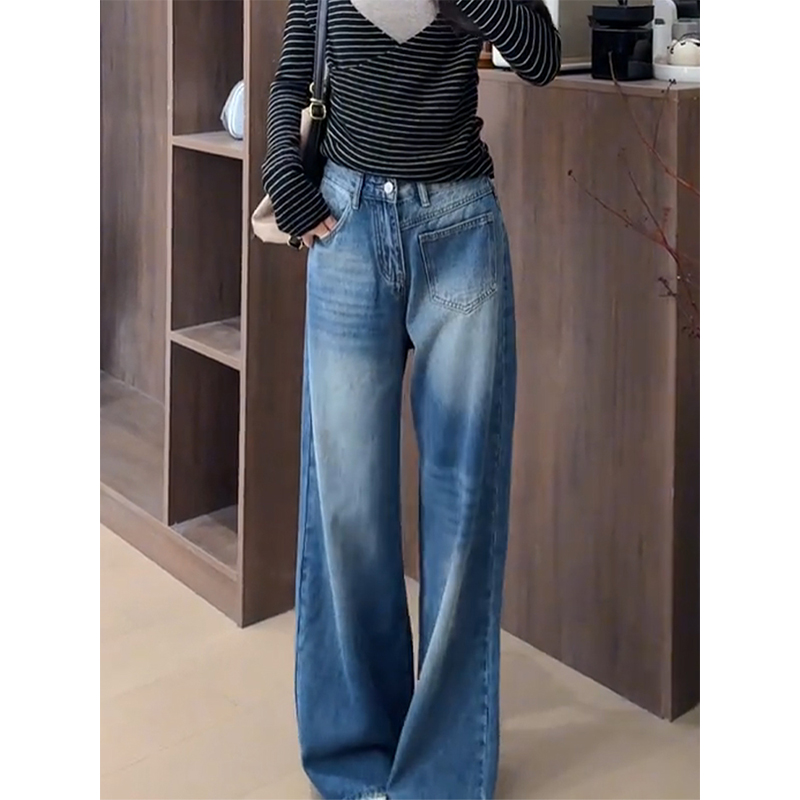 设计感口袋窄版阔腿牛仔裤女2025