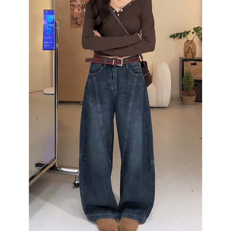 做旧港风复古宽松牛仔裤女2025